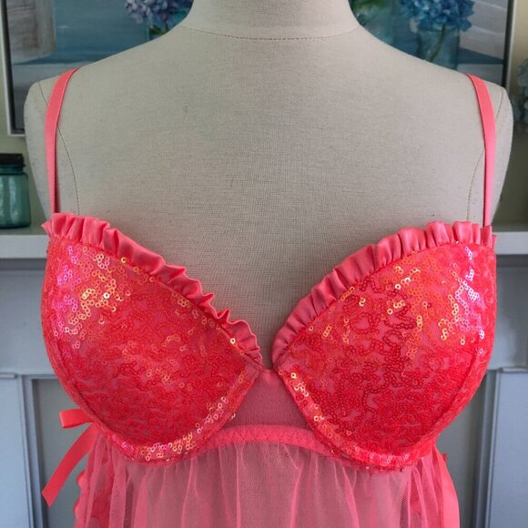 Victorias Secret Hot Pink/Melon Sequined Babydoll Nighty Size 34D - Picture 6 of 7